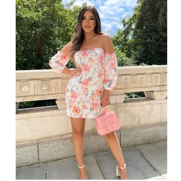 White Floral Print Long Sleeve Off Shoulder Bodycon Mini Dress - Picture 3 of 7